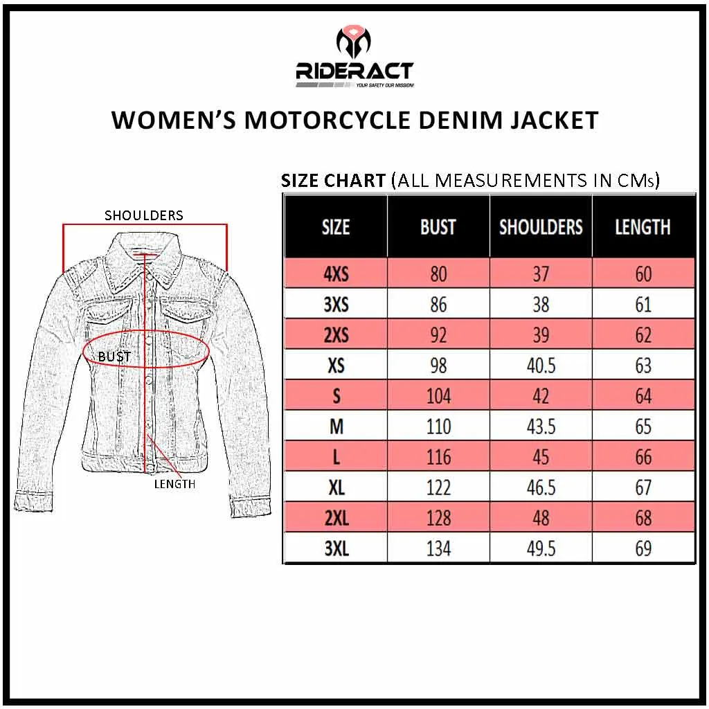 RIDERACT® Women Denim Jacket Biker Reinforced Denim Motorcycle Jacket Road Rush Black