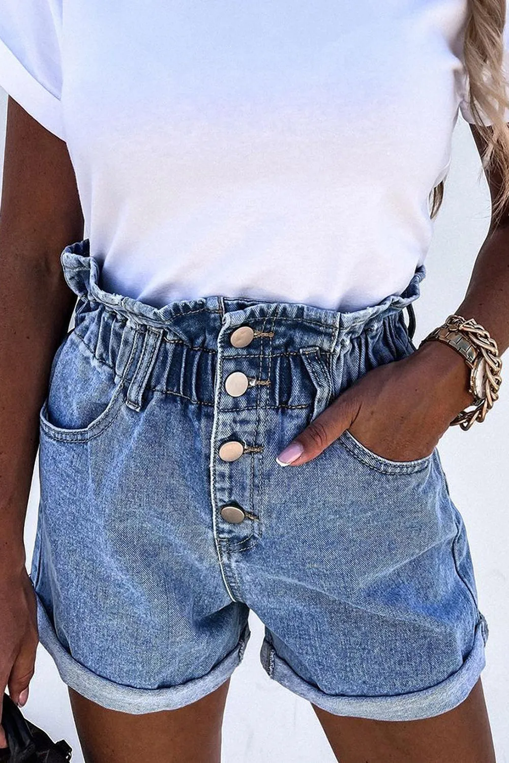 Ruffled High Waist Buttoned Denim Shorts