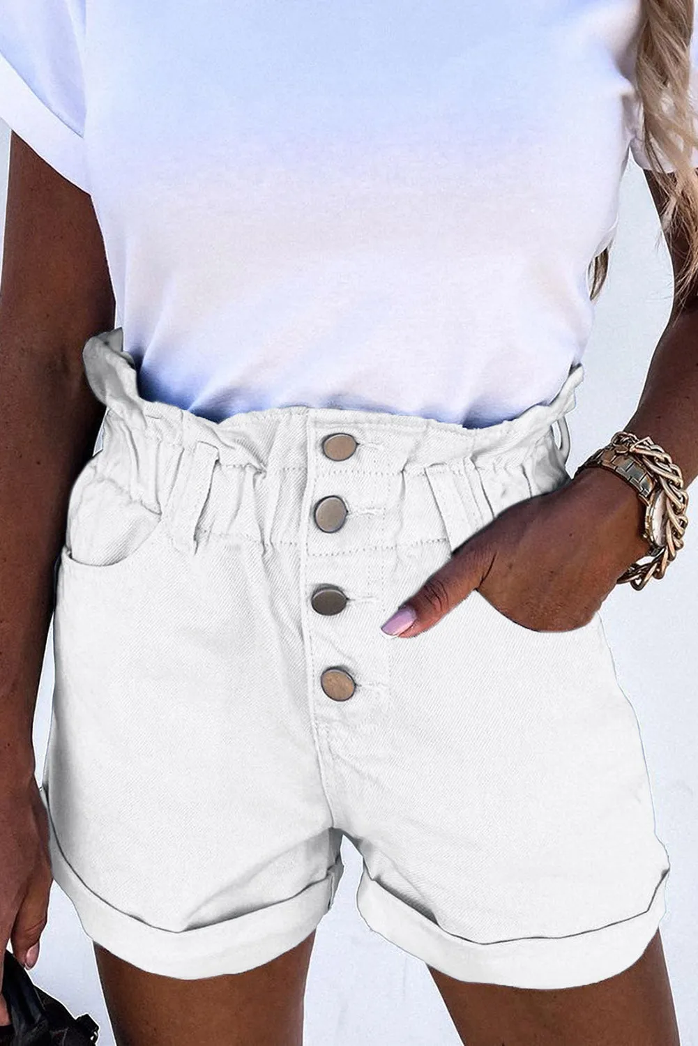 Ruffled High Waist Buttoned Denim Shorts