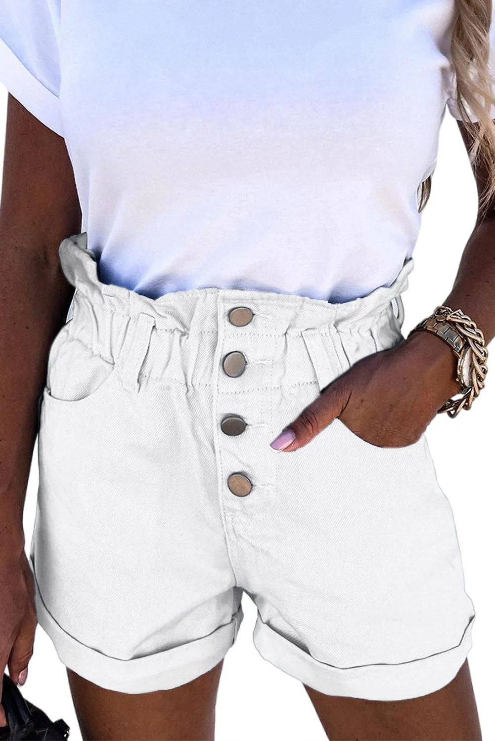 Ruffled High Waist Buttoned Denim Shorts