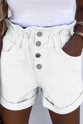 Ruffled High Waist Buttoned Denim Shorts