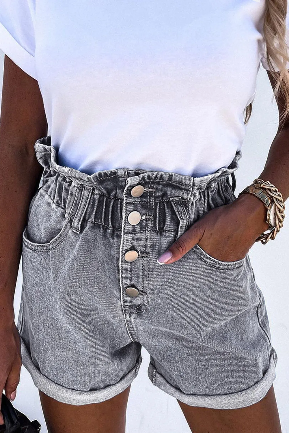 Ruffled High Waist Buttoned Denim Shorts