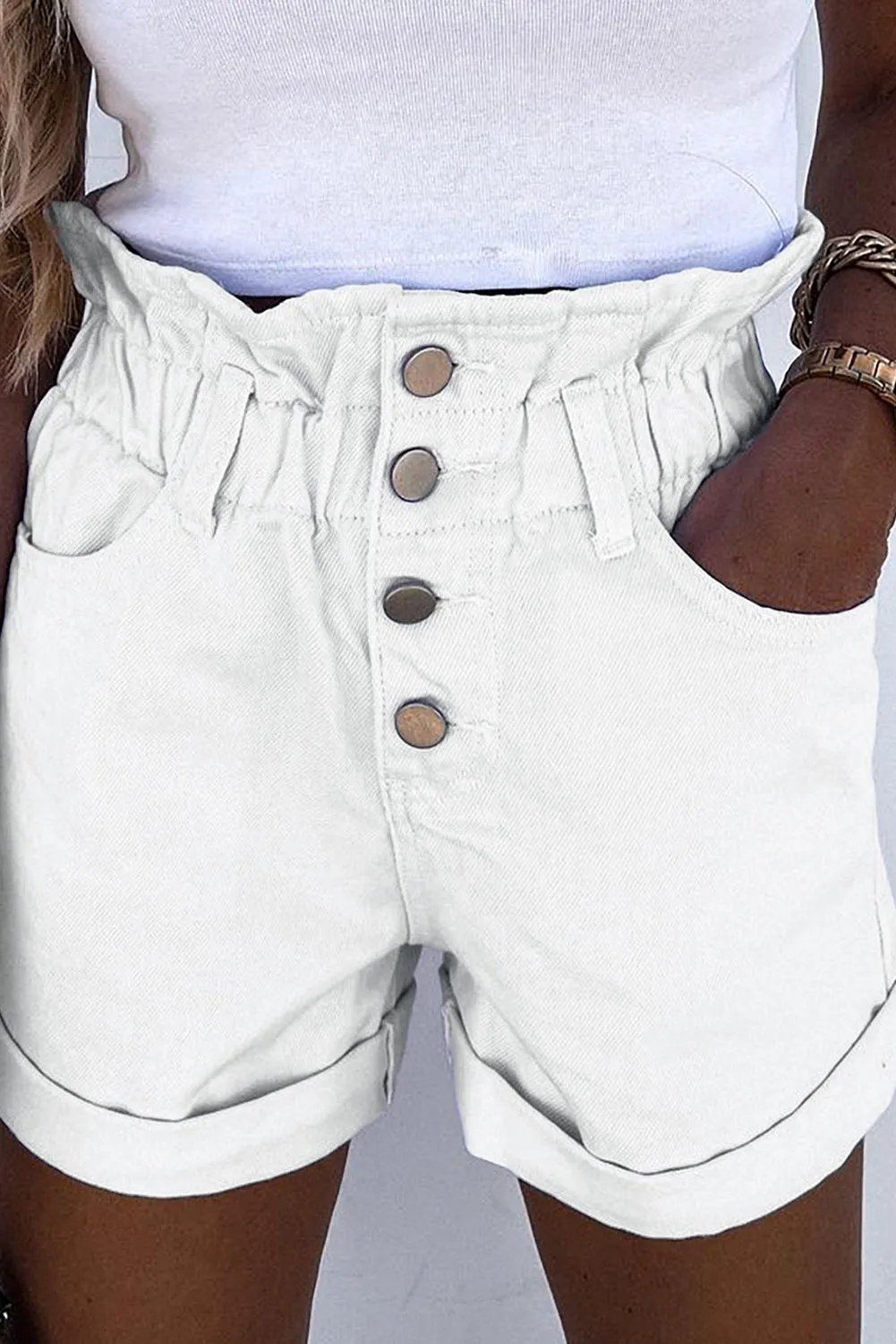 Ruffled High Waist Buttoned Denim Shorts