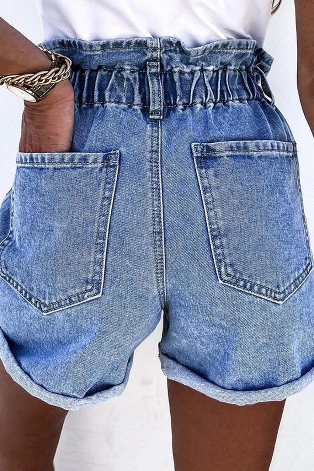 Ruffled High Waist Buttoned Denim Shorts