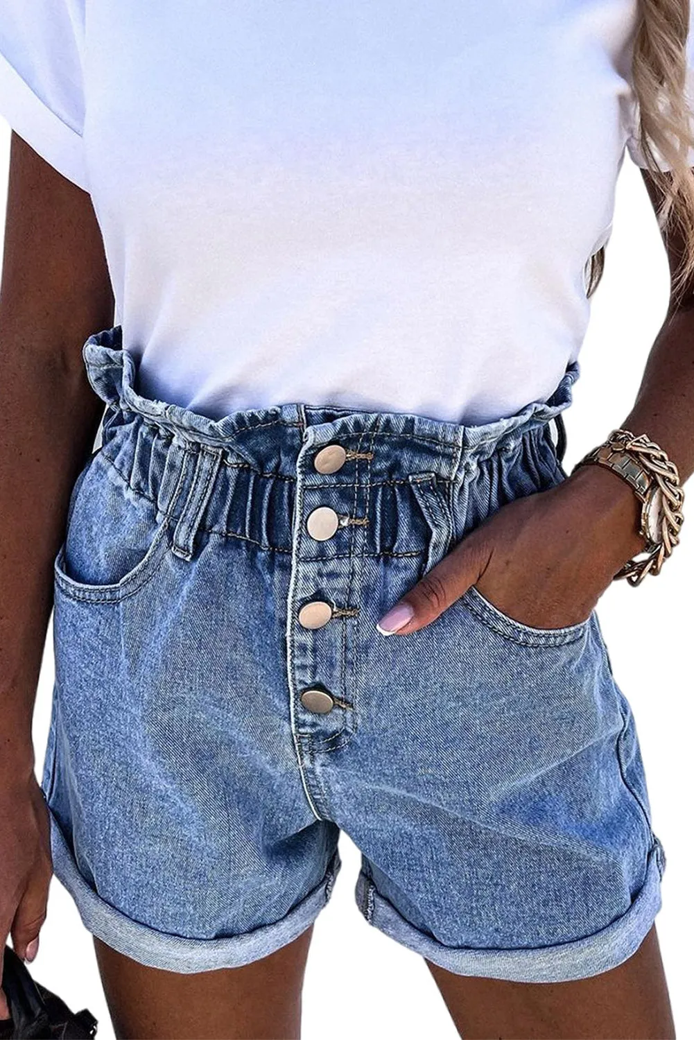 Ruffled High Waist Buttoned Denim Shorts