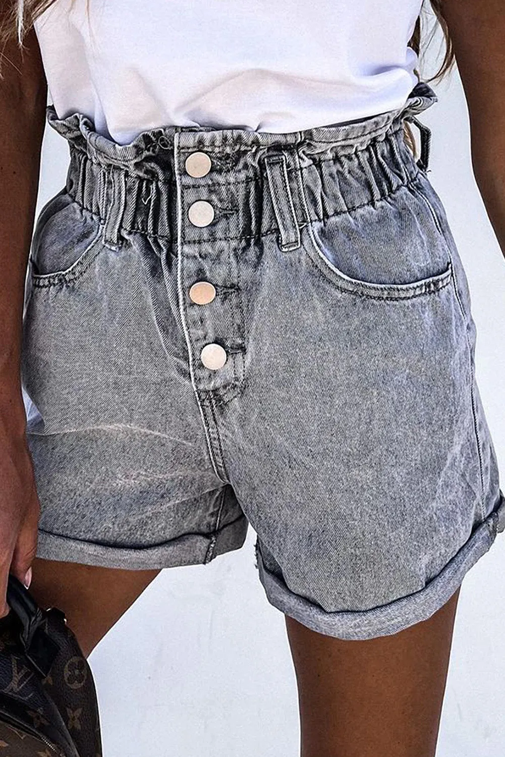 Ruffled High Waist Buttoned Denim Shorts