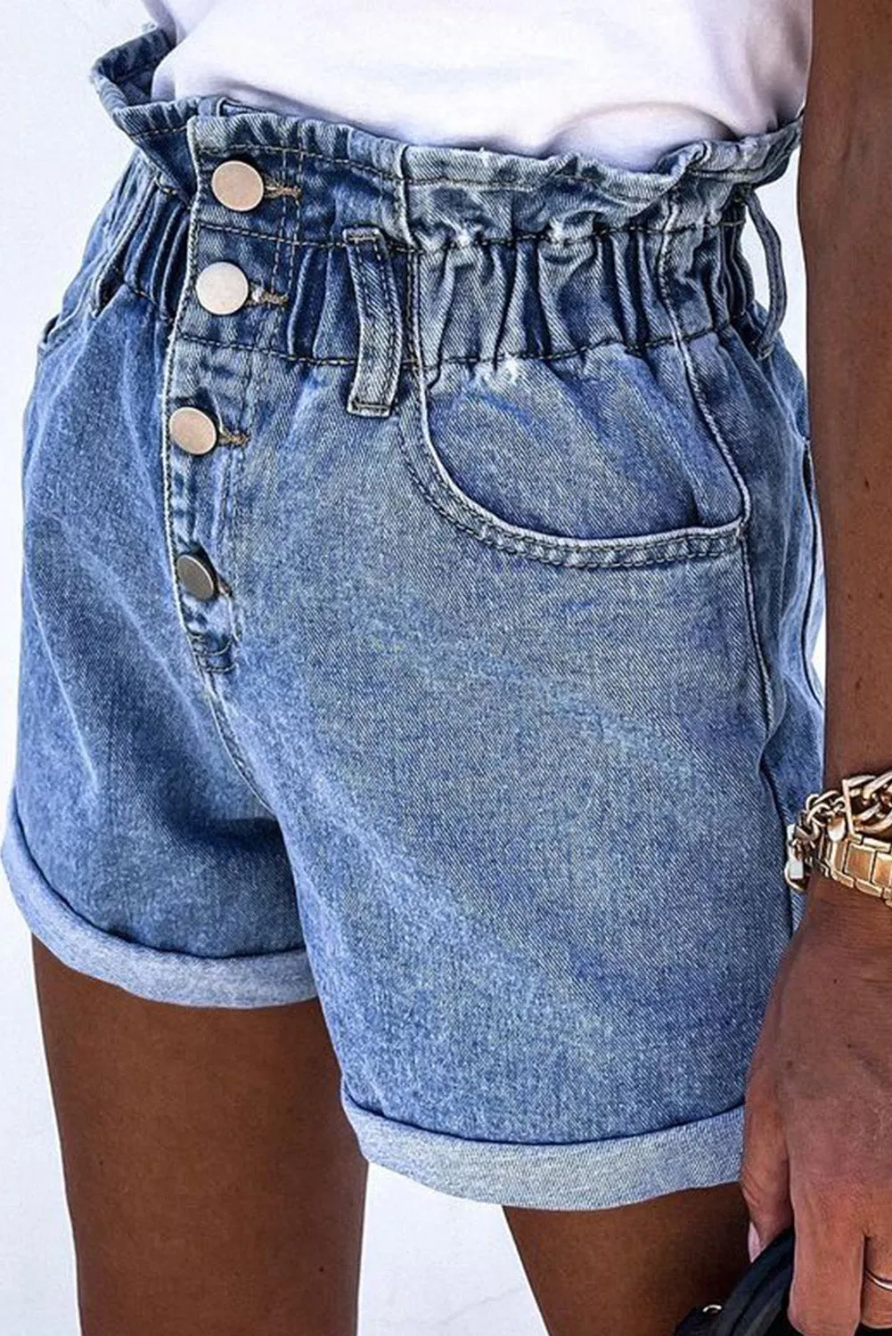 Ruffled High Waist Buttoned Denim Shorts