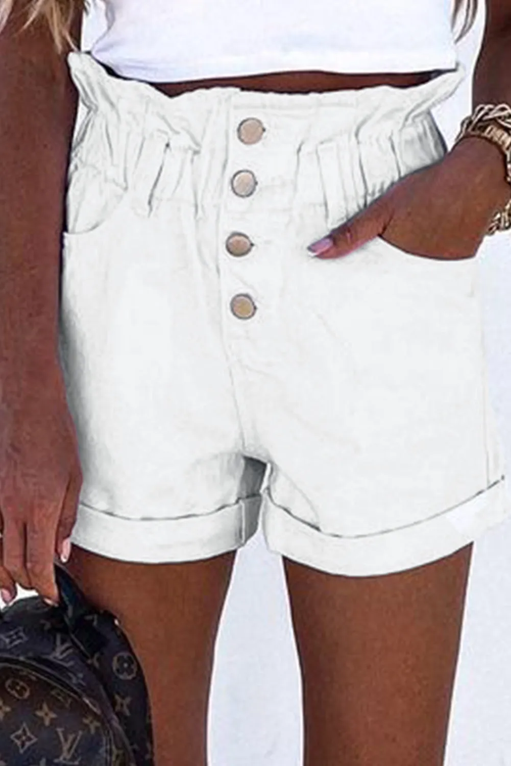Ruffled High Waist Buttoned Denim Shorts