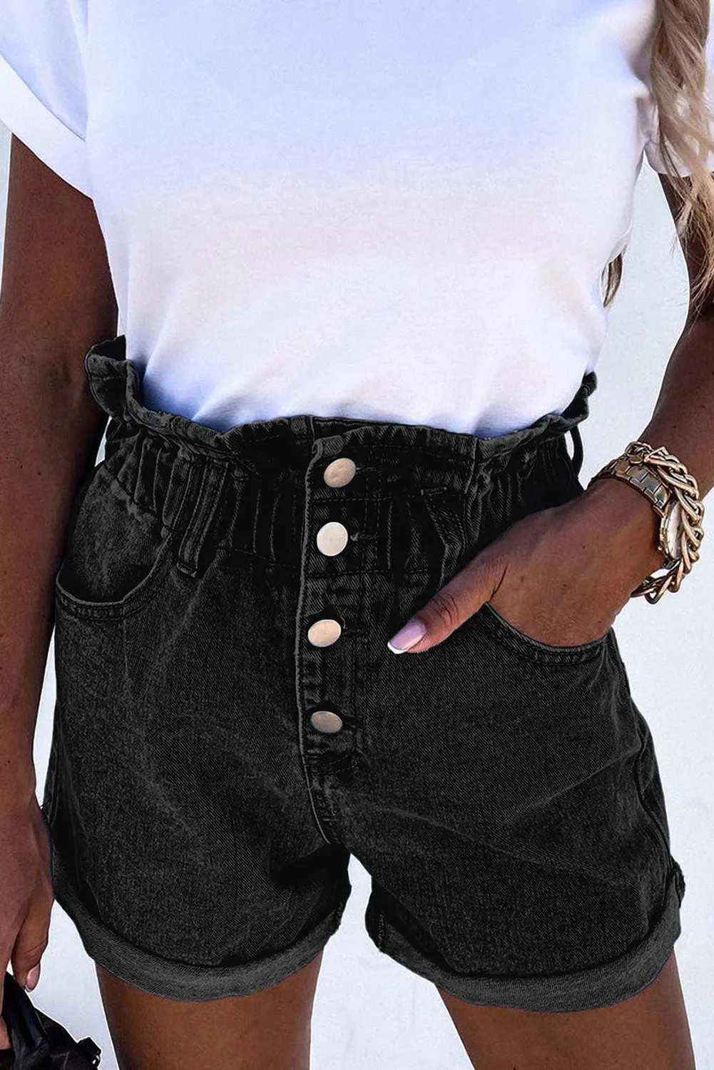 Ruffled High Waist Buttoned Denim Shorts