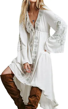 R.Vivimos Womens V Neck Bell Sleeve Vintage Floral Embroidered High Low Long Dresses