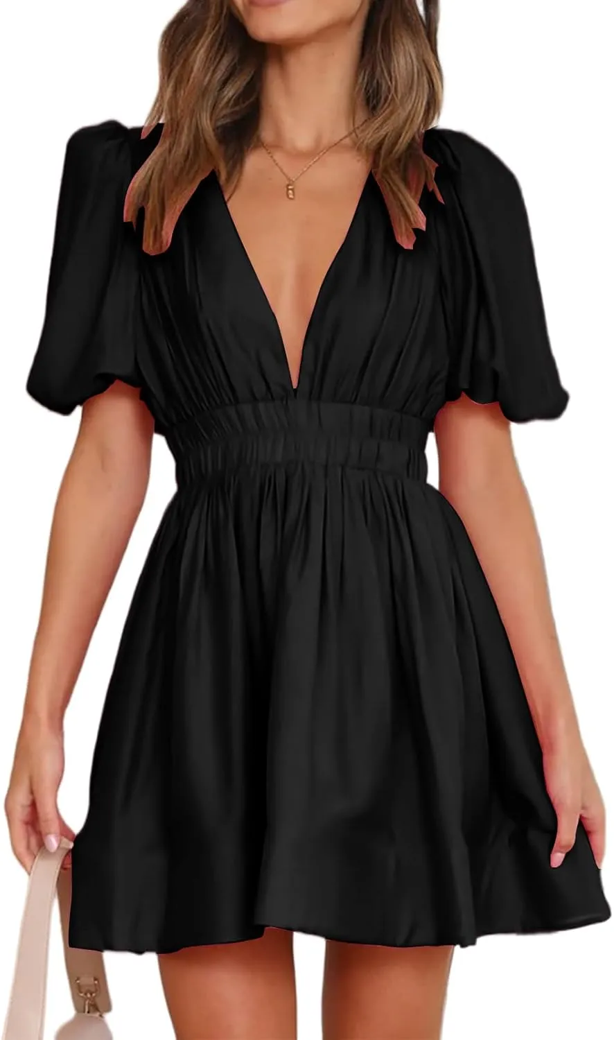 Sexy Summer Dresses for Women 2025 Puff Short Sleeve V Neck Mini Dress A Line Elastic High Waist Flowy Swing Dresses