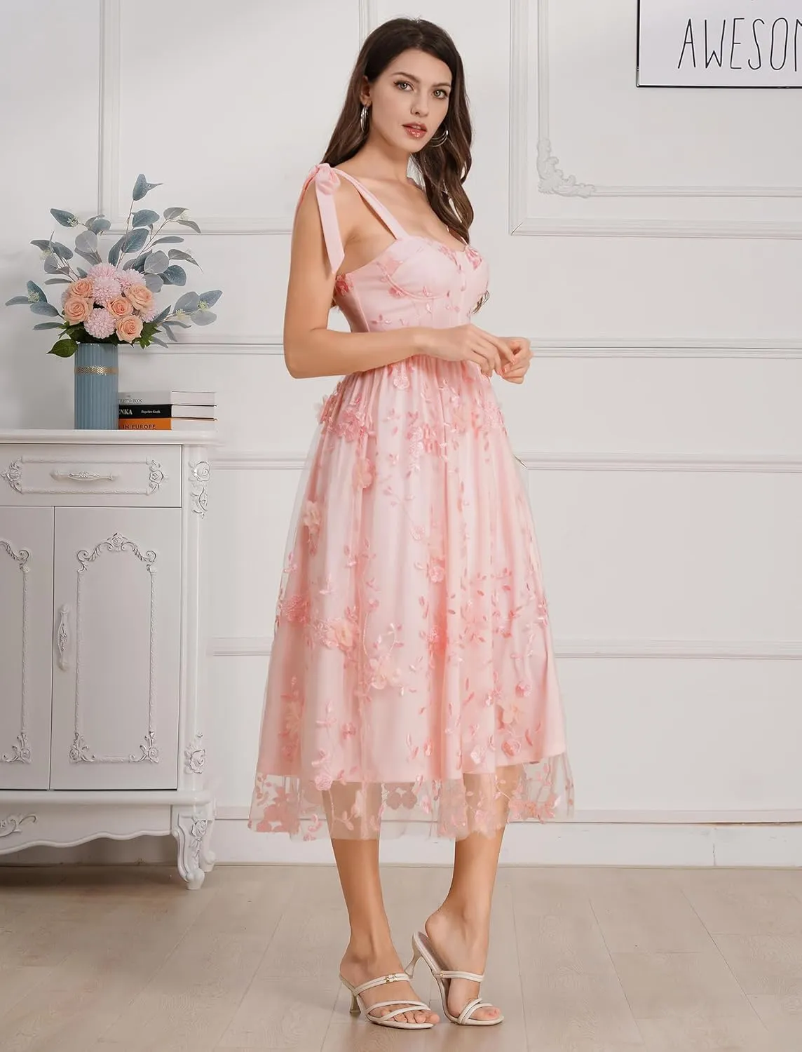 Spaghetti Strap Embroidered Floral Dress for Women Wedding Formal Tulle Prom Corset Dress Smocked Split Midi Tea Party Dress