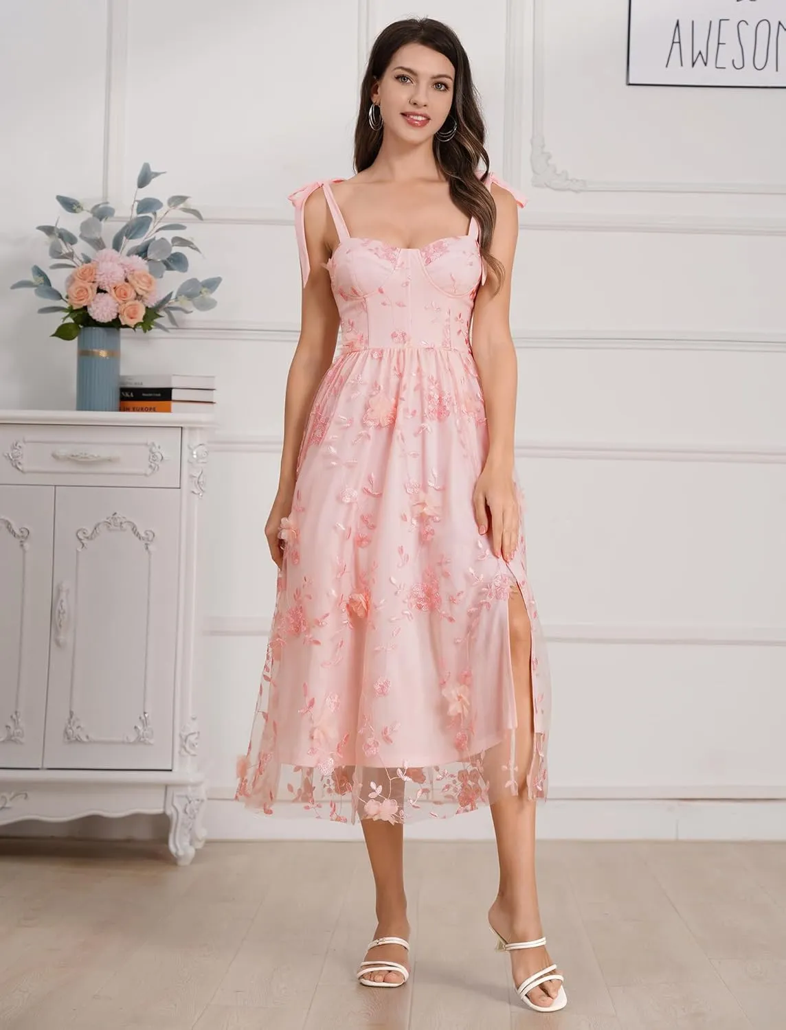Spaghetti Strap Embroidered Floral Dress for Women Wedding Formal Tulle Prom Corset Dress Smocked Split Midi Tea Party Dress