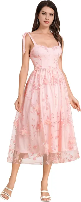 Spaghetti Strap Embroidered Floral Dress for Women Wedding Formal Tulle Prom Corset Dress Smocked Split Midi Tea Party Dress