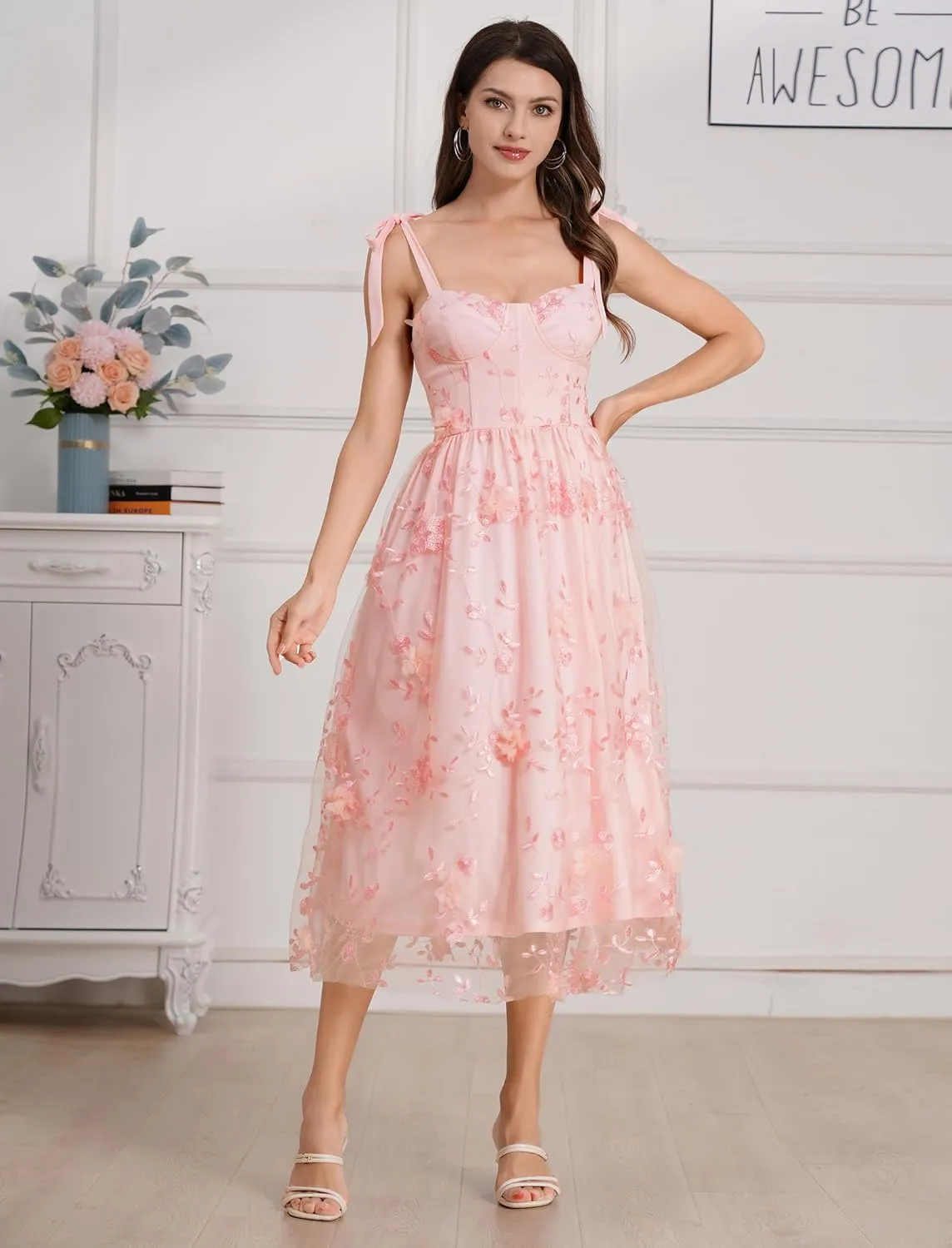 Spaghetti Strap Embroidered Floral Dress for Women Wedding Formal Tulle Prom Corset Dress Smocked Split Midi Tea Party Dress