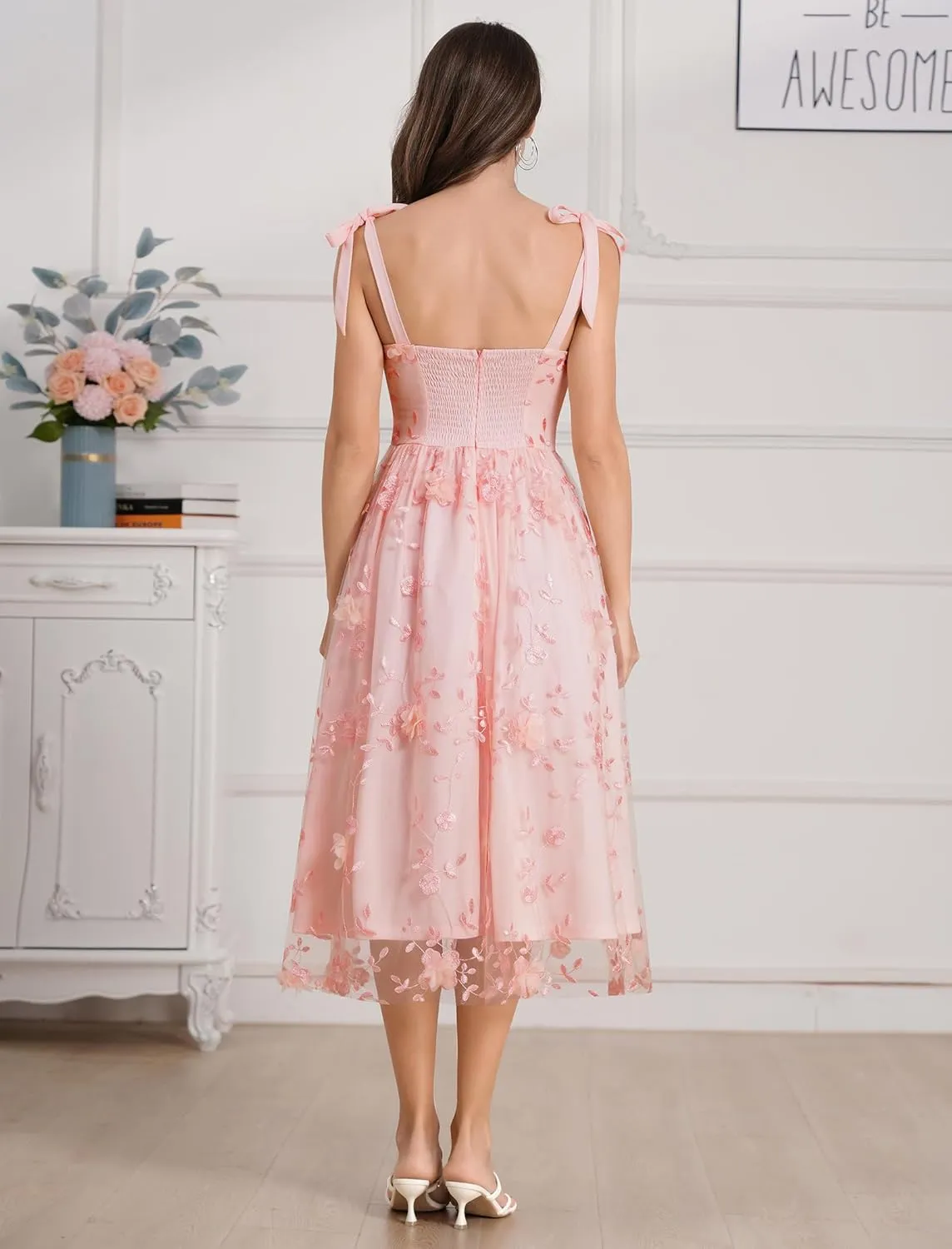 Spaghetti Strap Embroidered Floral Dress for Women Wedding Formal Tulle Prom Corset Dress Smocked Split Midi Tea Party Dress
