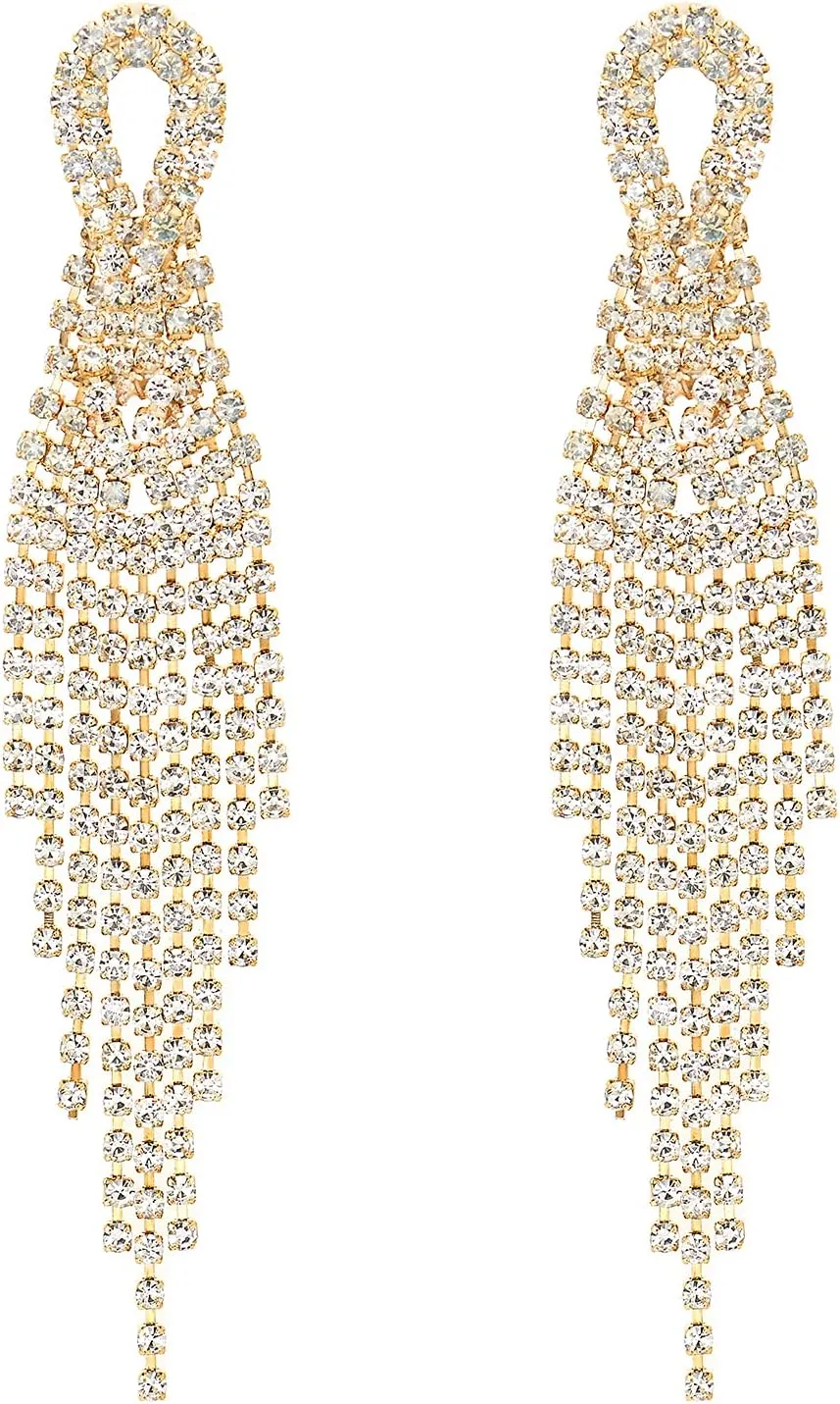 Sparkling Bridal Wedding Prom Rhinestone Tassel Long Dangle Drop Large Gold Color Statement Earrings