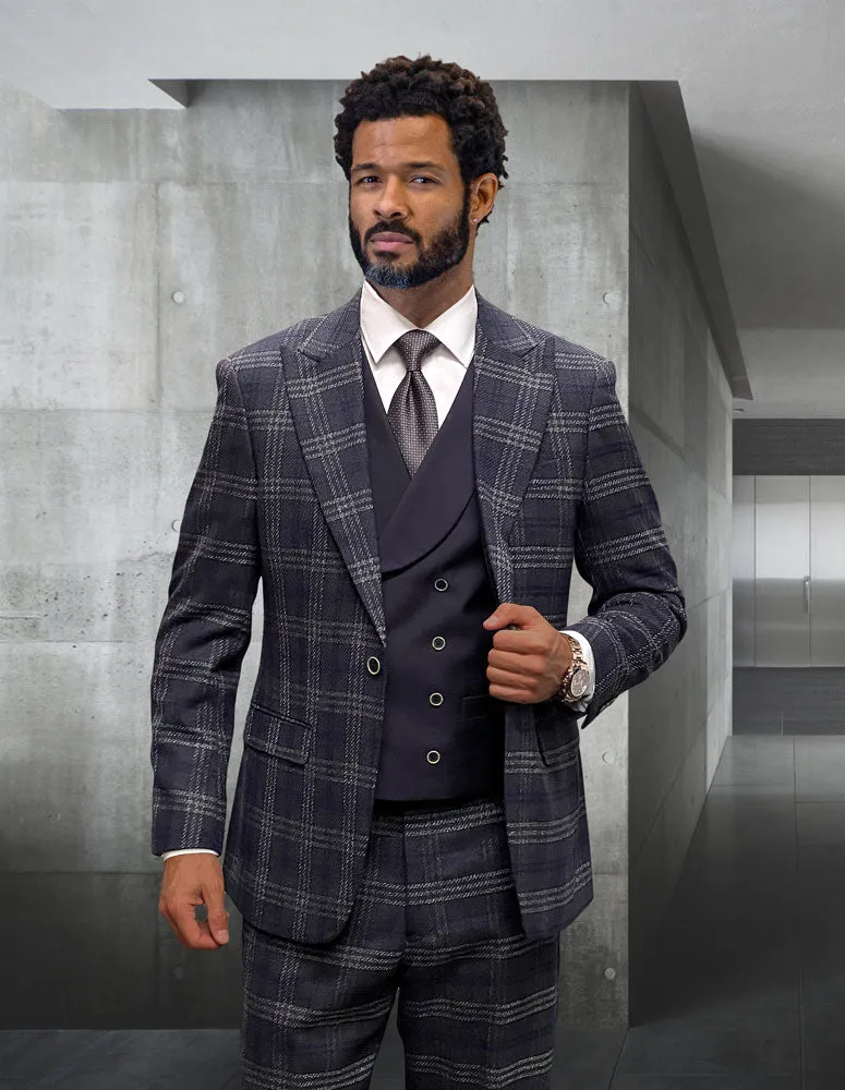 Statement 3Pc Plaid Suit Single Breasted 1 Button Peak Lapel With Solid Color Matching Vest. Super 200\'S Italian Wool & Cashmere. Modern Fit Flat Front Pants| AMALFI| EGGPLANT