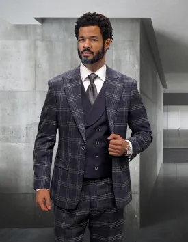 Statement 3Pc Plaid Suit Single Breasted 1 Button Peak Lapel With Solid Color Matching Vest. Super 200\'S Italian Wool & Cashmere. Modern Fit Flat Front Pants| AMALFI| EGGPLANT