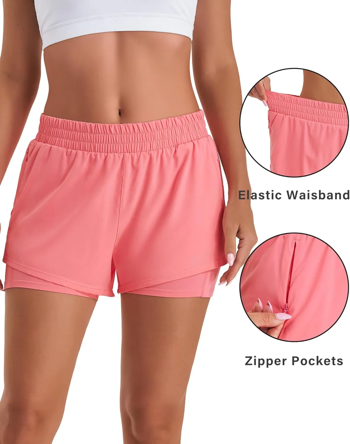 Stelle Women's 2 in 1 Running Shorts Athletic Workout Gym Shorts High Waisted Shorts with Liner Zipper Pockets