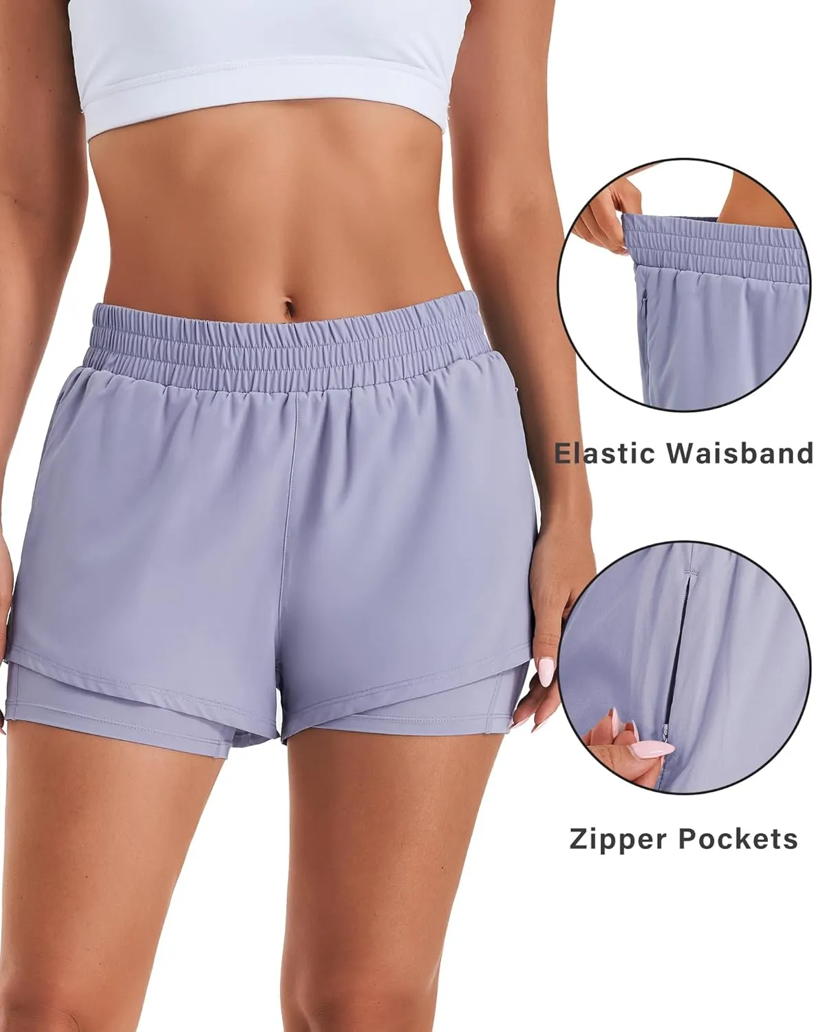 Stelle Women's 2 in 1 Running Shorts Athletic Workout Gym Shorts High Waisted Shorts with Liner Zipper Pockets