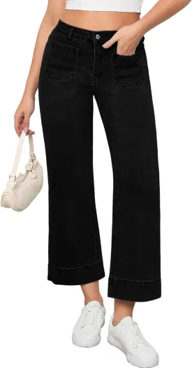 Vetinee Wide Leg Jeans for Women High Waisted Trendy Front Patch Pocket Flare Cropped Jeans Stretchy Denim Jean Pants