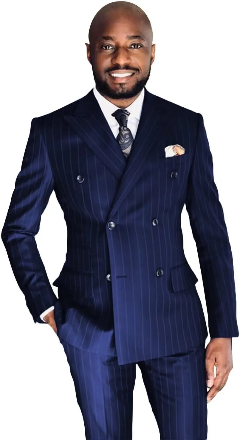 Wangyue Men's Double Breasted Pinstripe Suit 2-Piece Set Business Casual Wedding Party Suit