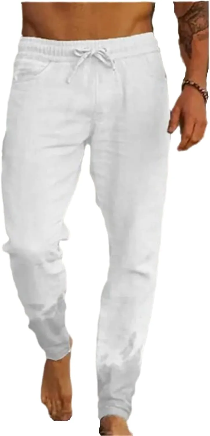 Wankang Men's Linen Pants Casual Loose Lightweight Drawstring Yoga Beach Trousers Long Pants Casual Trousers for Men