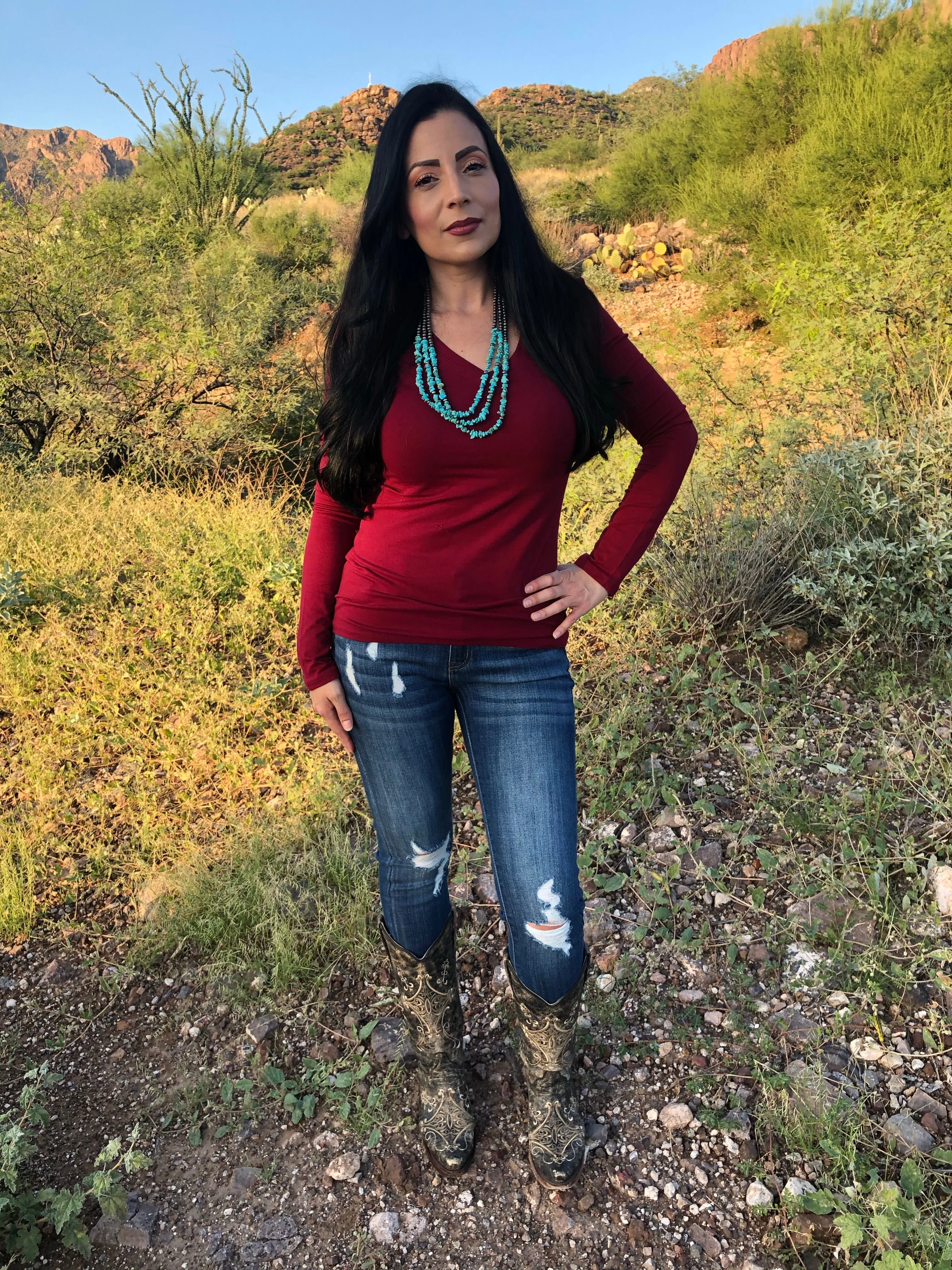 Wine Long Sleeve V-Neck Tee