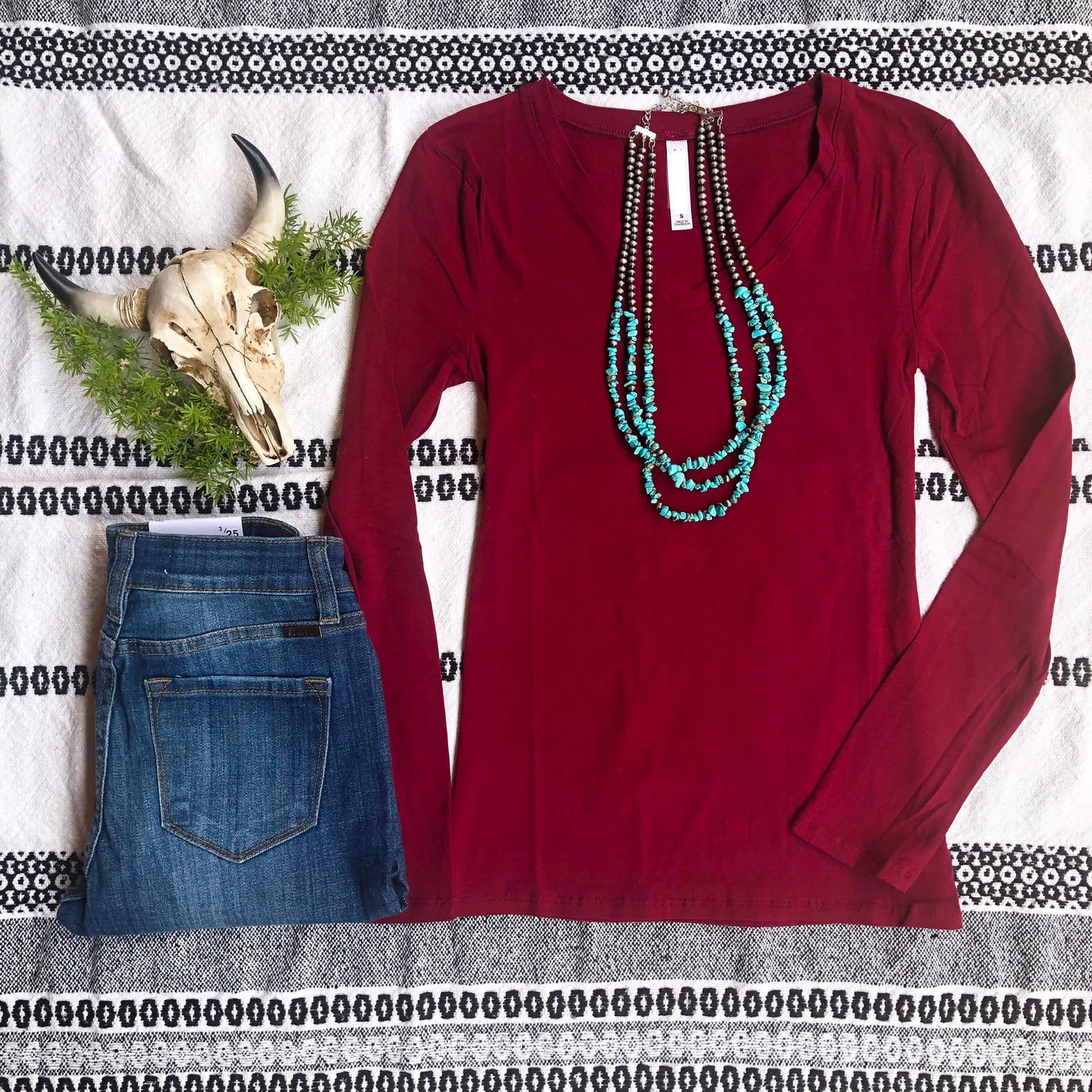 Wine Long Sleeve V-Neck Tee