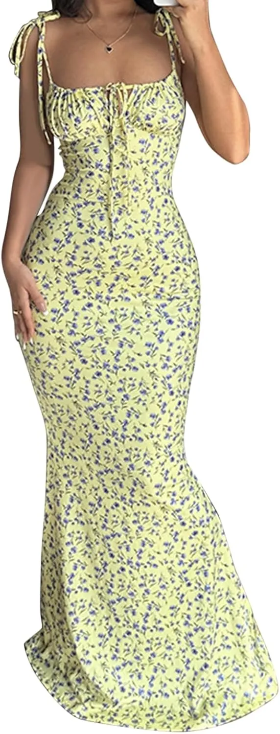 Women Backless Maxi Dress Sexy Sleeveless Spaghetti Strap Floral Bodycon Maxi Dress Cocktail Party Long Dress
