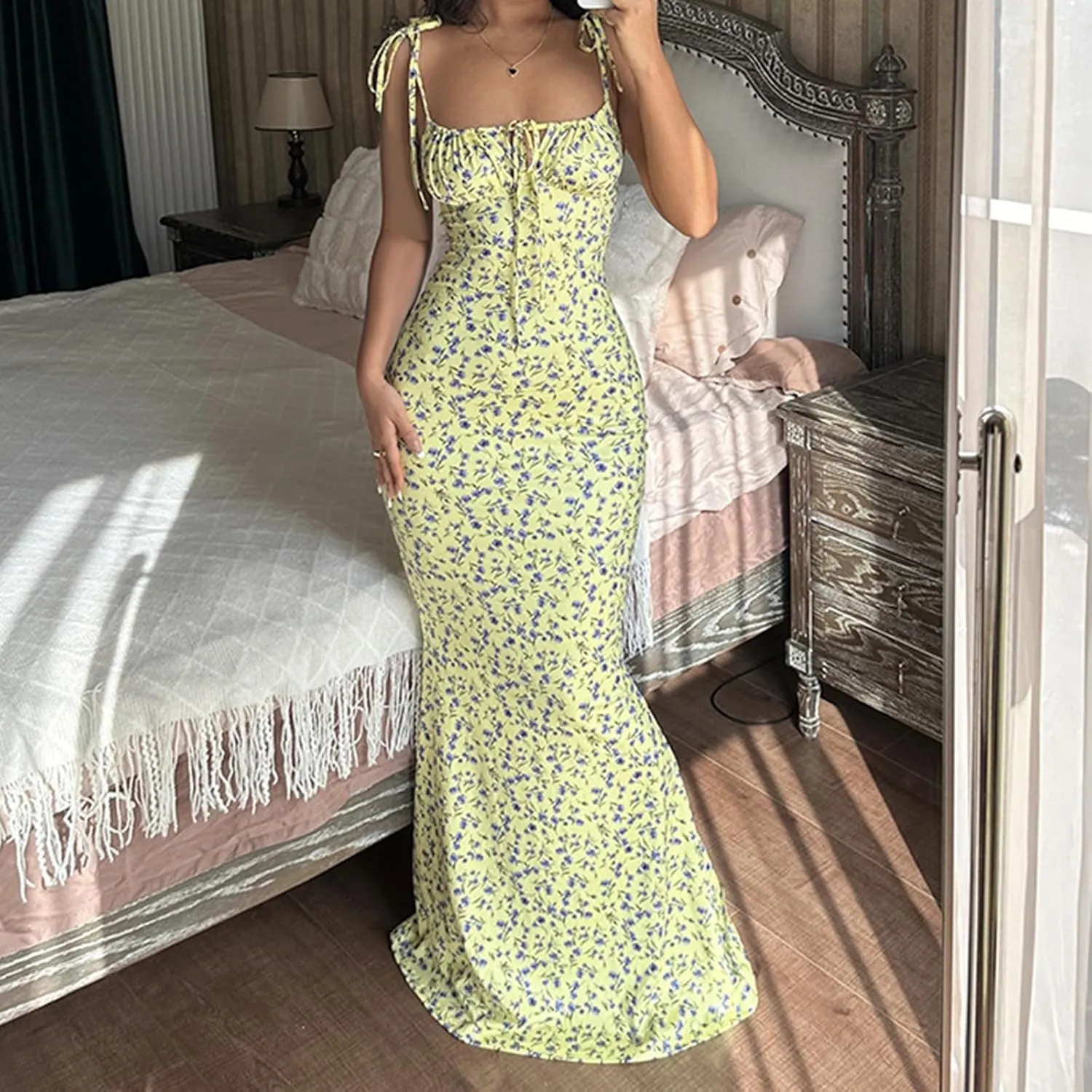 Women Backless Maxi Dress Sexy Sleeveless Spaghetti Strap Floral Bodycon Maxi Dress Cocktail Party Long Dress