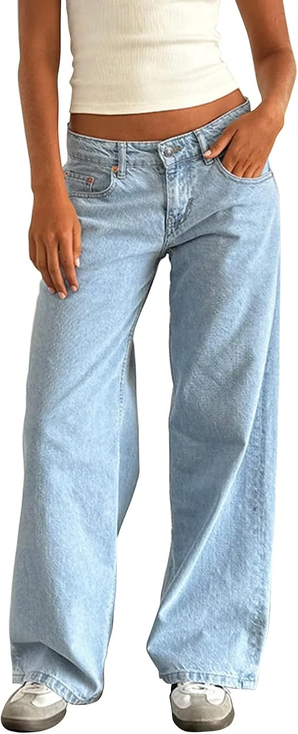 Women Baggy Jeans Boyfriend Low Rise Straight Wide Leg Stretchy Boyfriend Jeans Y2k Loose Ankle Denim Pants