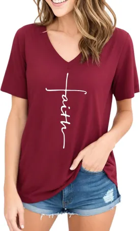 Women Cross Faith T Shirts for Women V-Neck Graphic Tees Letter Printed T-Shirt Christian Tee Shirt