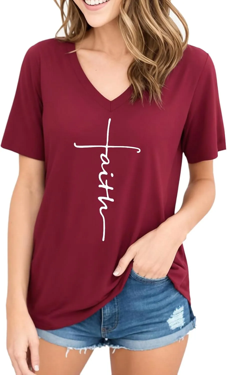 Women Cross Faith T Shirts for Women V-Neck Graphic Tees Letter Printed T-Shirt Christian Tee Shirt