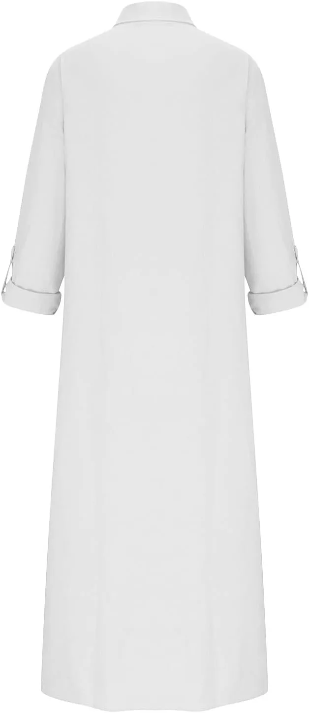 Womens Button Down Cotton Linen Maxi Dress Plus Size Dress Casual Long Sleeve V Neck Summer Dresses with Pockets