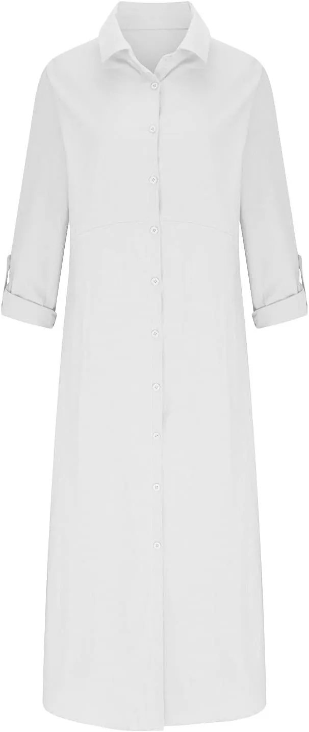 Womens Button Down Cotton Linen Maxi Dress Plus Size Dress Casual Long Sleeve V Neck Summer Dresses with Pockets