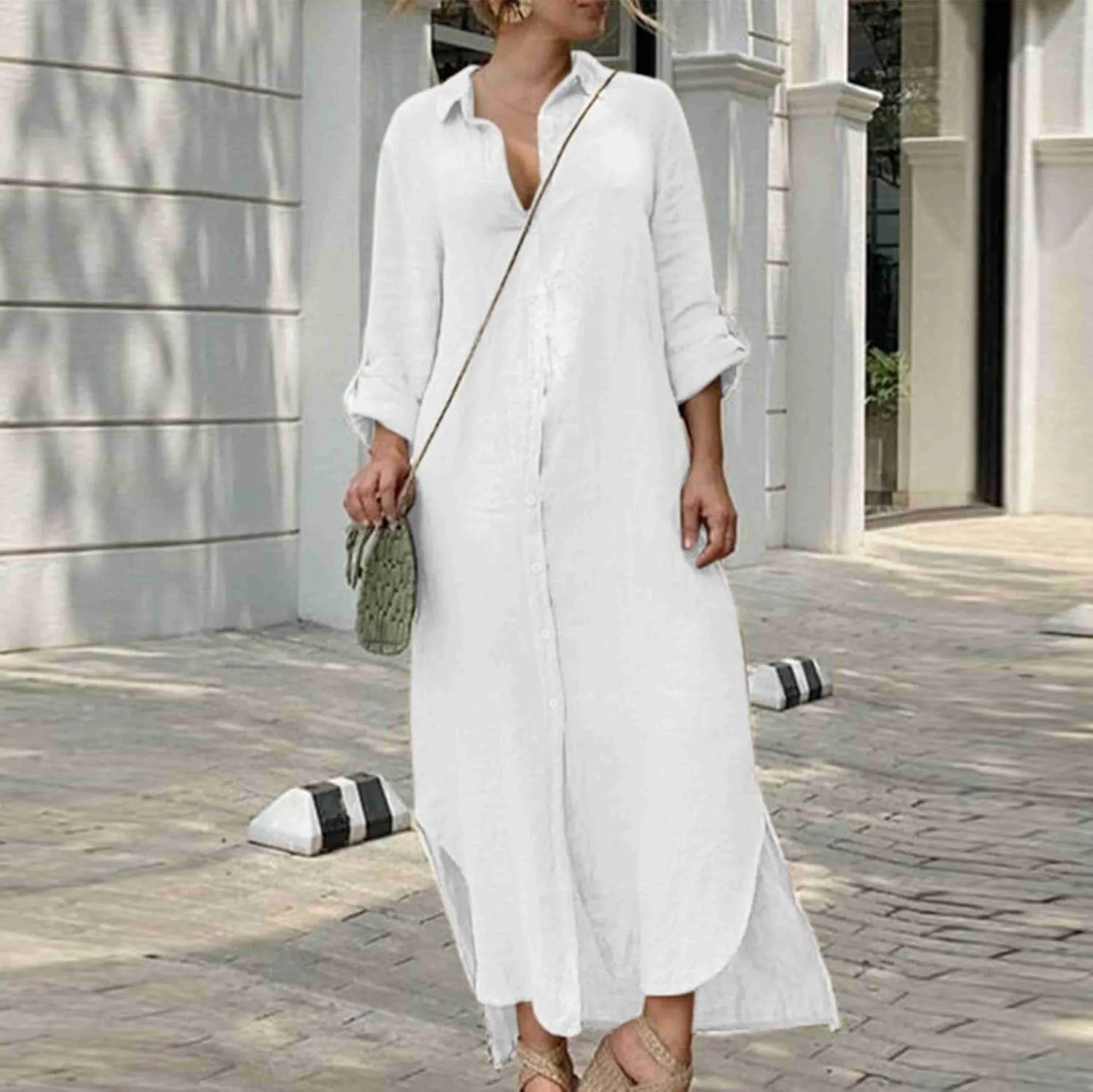 Womens Button Down Cotton Linen Maxi Dress Plus Size Dress Casual Long Sleeve V Neck Summer Dresses with Pockets