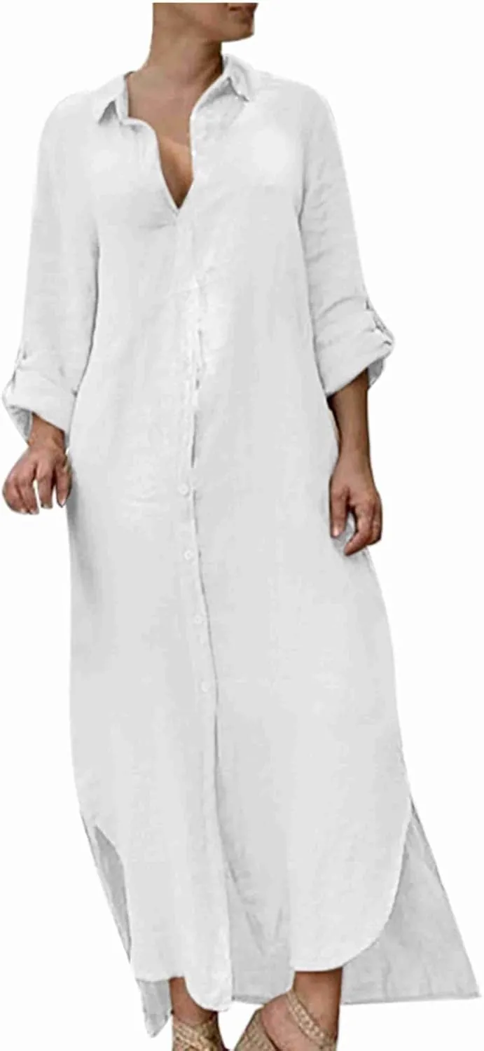 Womens Button Down Cotton Linen Maxi Dress Plus Size Dress Casual Long Sleeve V Neck Summer Dresses with Pockets