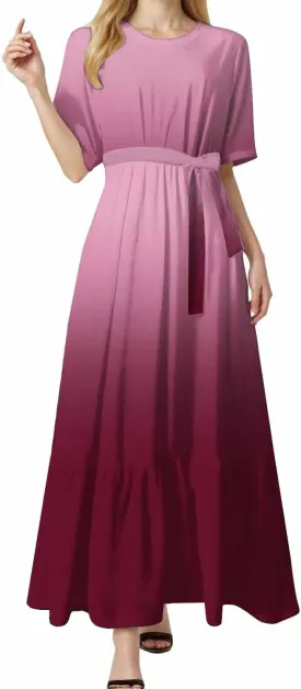 Women's Dresses Casual Summer Tiered Midi Dress Short Sleeve Belted Ruffle Babydoll Boho Sundress with Pockets