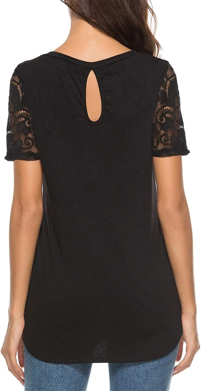 Women's Lace Short Sleeve Round Neck T-Shirt Casual Blouse Tunics Tops