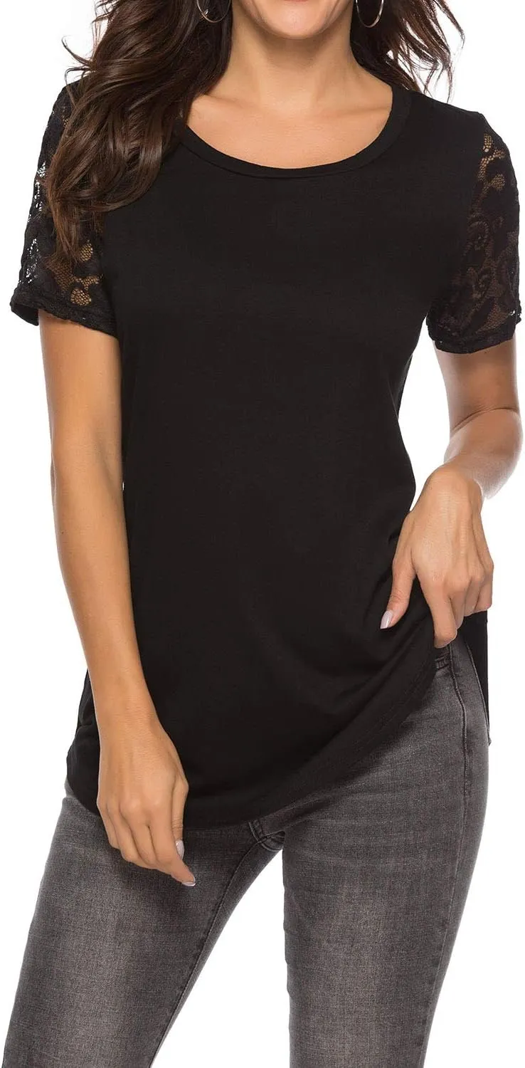 Women's Lace Short Sleeve Round Neck T-Shirt Casual Blouse Tunics Tops