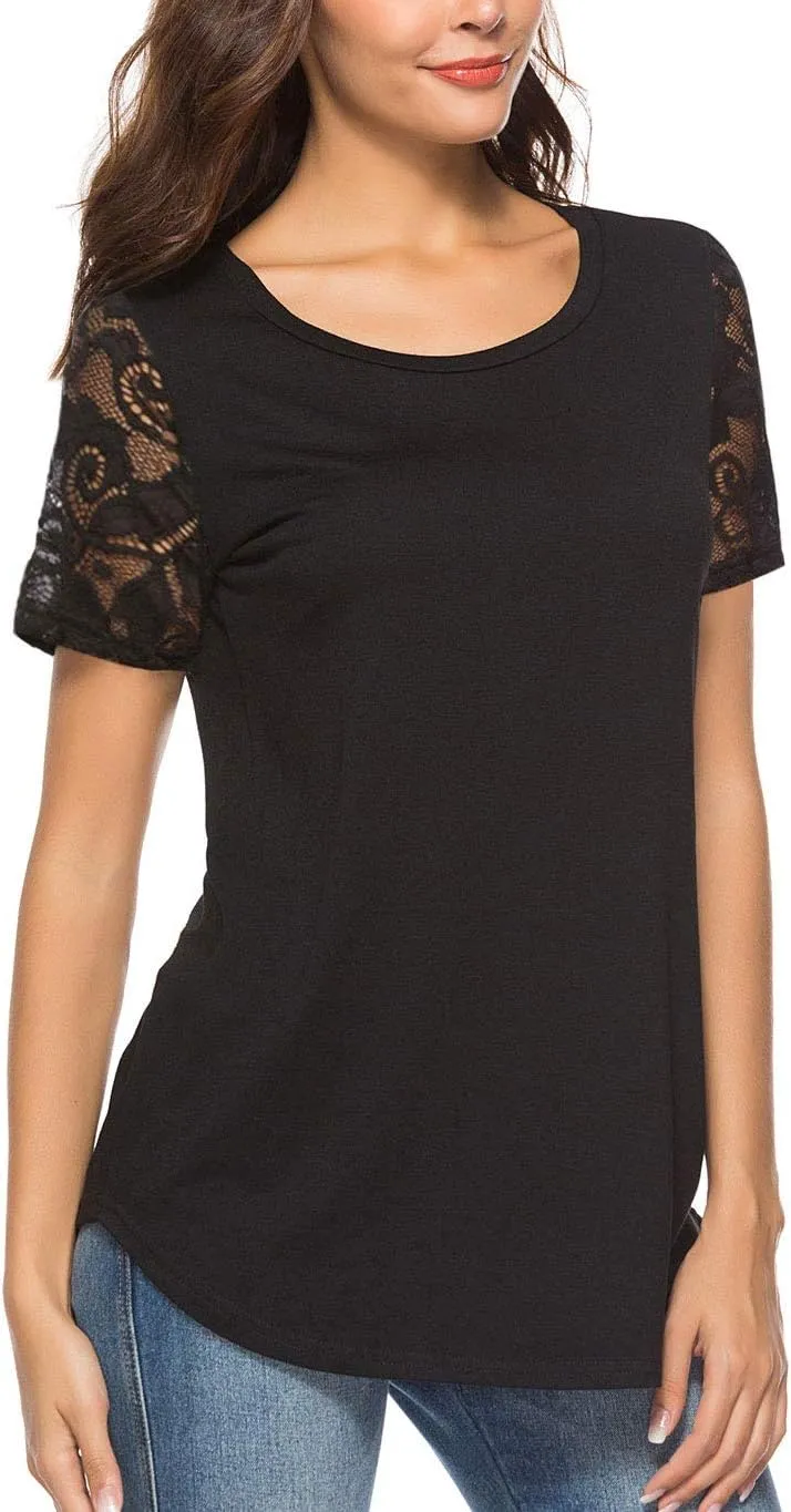 Women's Lace Short Sleeve Round Neck T-Shirt Casual Blouse Tunics Tops