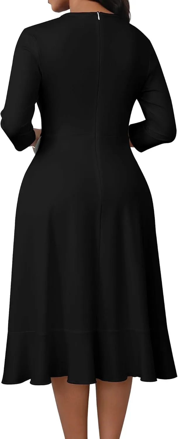 Women's Sexy Ruched Bodycon Midi Dresses V Neck 3/4 Sleeve Irregular Ruffle Hem Fit Flare High Slit Club Party Dress
