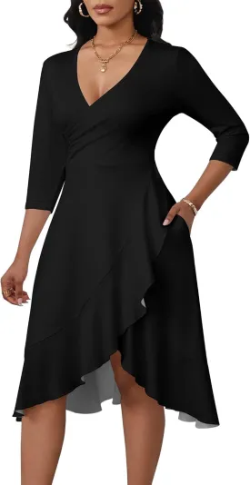 Women's Sexy Ruched Bodycon Midi Dresses V Neck 3/4 Sleeve Irregular Ruffle Hem Fit Flare High Slit Club Party Dress
