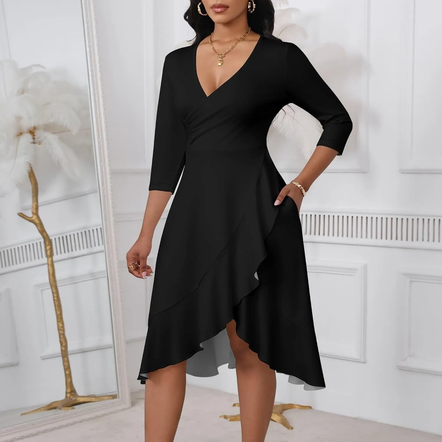 Women's Sexy Ruched Bodycon Midi Dresses V Neck 3/4 Sleeve Irregular Ruffle Hem Fit Flare High Slit Club Party Dress
