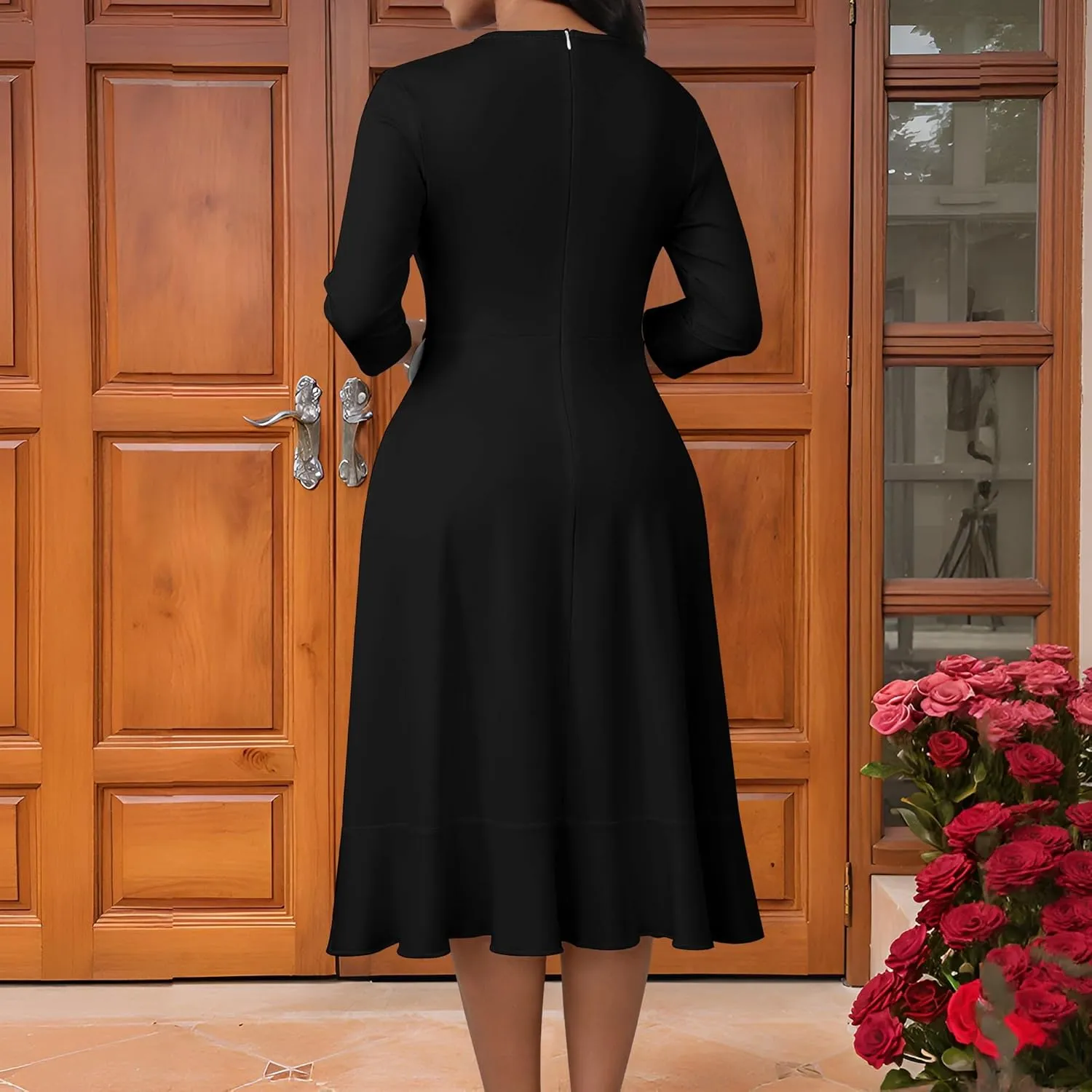 Women's Sexy Ruched Bodycon Midi Dresses V Neck 3/4 Sleeve Irregular Ruffle Hem Fit Flare High Slit Club Party Dress