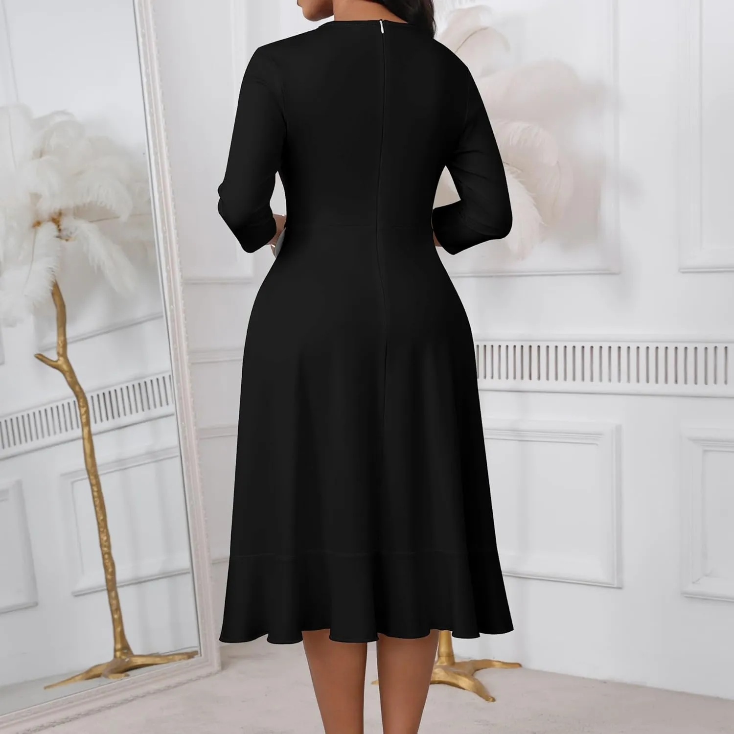 Women's Sexy Ruched Bodycon Midi Dresses V Neck 3/4 Sleeve Irregular Ruffle Hem Fit Flare High Slit Club Party Dress