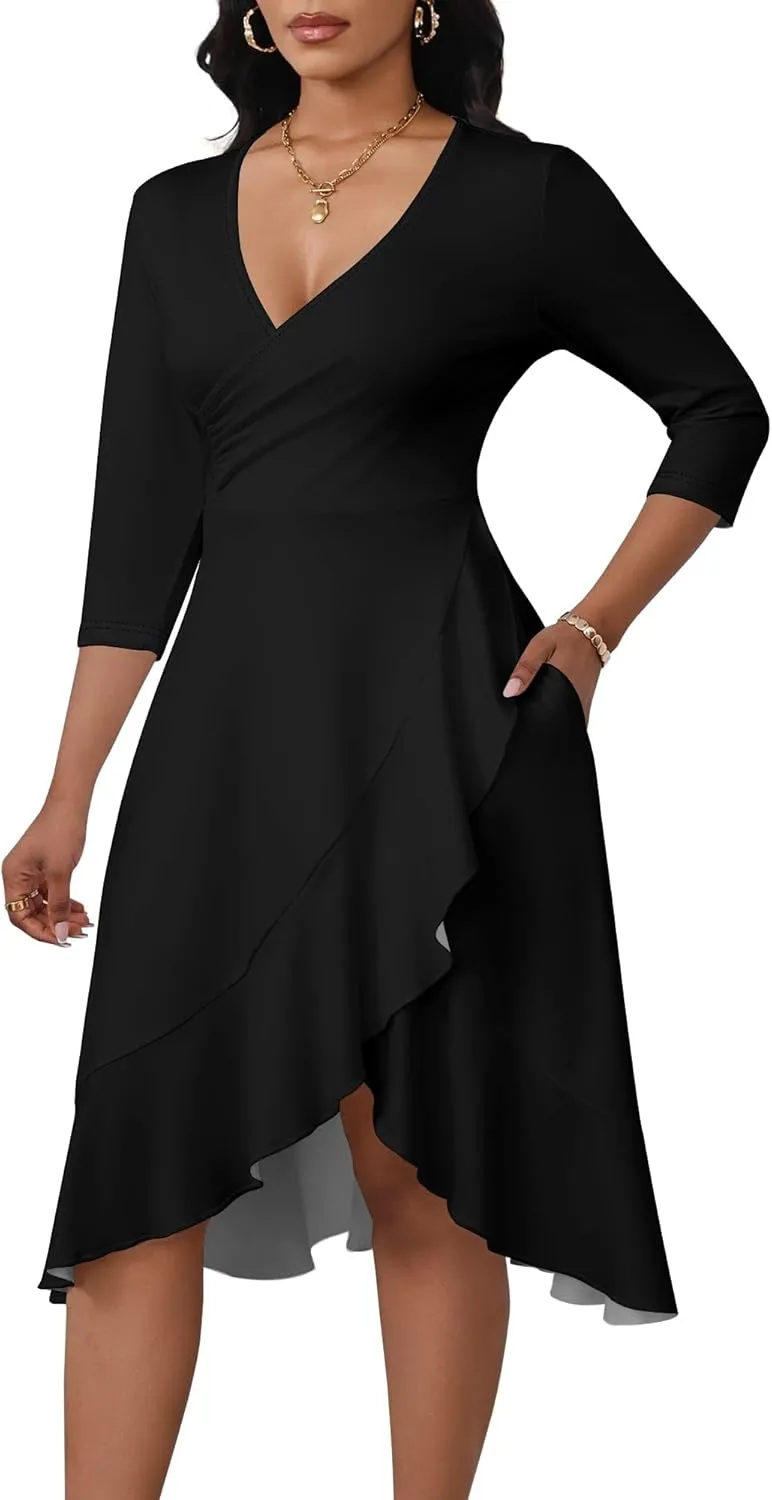 Women's Sexy Ruched Bodycon Midi Dresses V Neck 3/4 Sleeve Irregular Ruffle Hem Fit Flare High Slit Club Party Dress