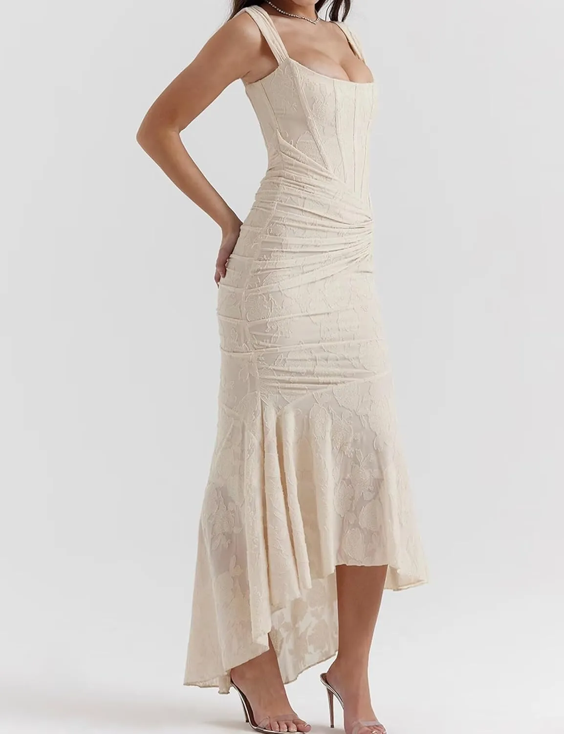 Women's Sleeveless Lace Bodycon Corset Maxi Dress Fishbone Dress Ruched Elegant Evening Party Long Dresses